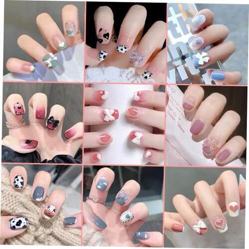 24Pcs French With Drill Short Fake Nails Press On Nail Tips