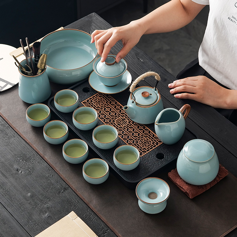 茶具套装家用轻奢办公室高档盖碗泡茶壶汝窑茶杯茶盘功夫2023新款