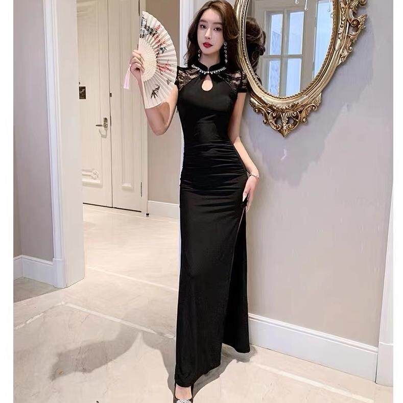 高档露肩夏季新中式复古旗袍连衣裙子女修身包臀礼服长裙性感夜场