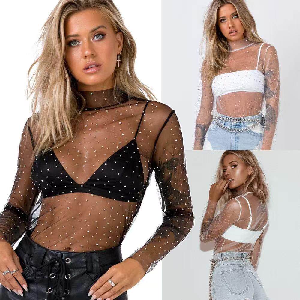 Women Sexy Mesh Perspective Top Long Sleeve Simulated Neck