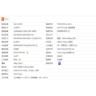 AUO友达23.8寸液晶玻璃P238HVN01.0 CELL23寸 LCD CELL液晶屏