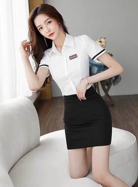 免熨烫白色衬衫女夏短袖包臀裙KTV酒吧前台工作服jk制服职业套装