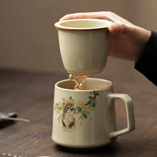 养办公杯萌汝窑过个人杯猫滤泡家用带水杯盖马克可杯茶具茶杯陶瓷