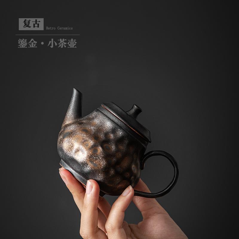鎏金铁锈釉茶壶半手工日式陶壶复古锤纹单壶粗陶迷你泡茶壶陶瓷