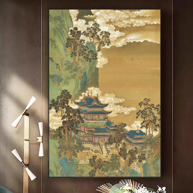 新中式玄关装饰画客厅书房茶室楼阁挂画走廊过道楼梯间古典墙壁画