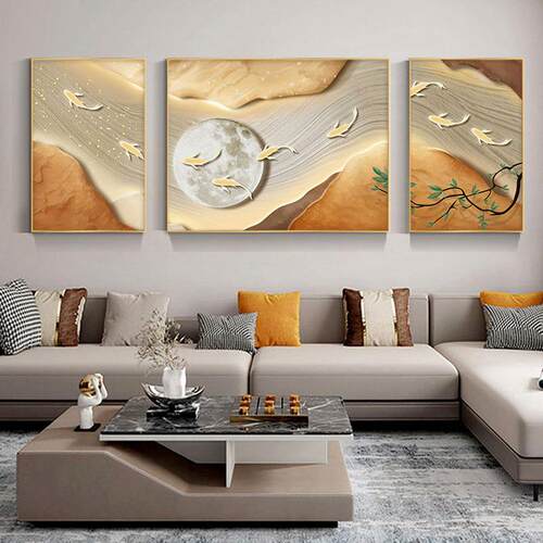 九鱼图三联画现代简约客厅装饰画轻奢风沙发背景墙画晶瓷画