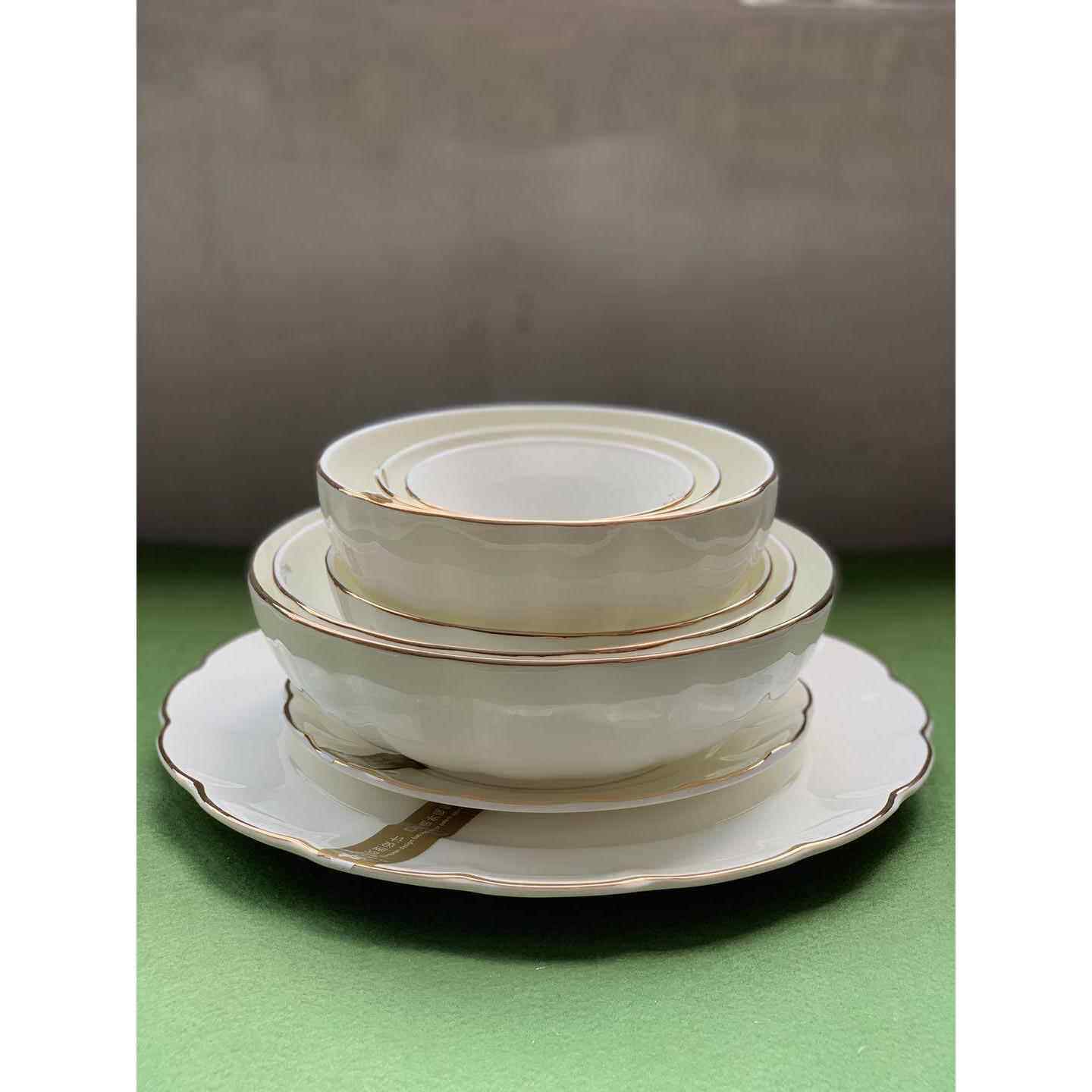 锦牌欧式骨瓷品味餐具简约金边饭碗汤盘浅碗陶瓷家用西餐盘色拉碗