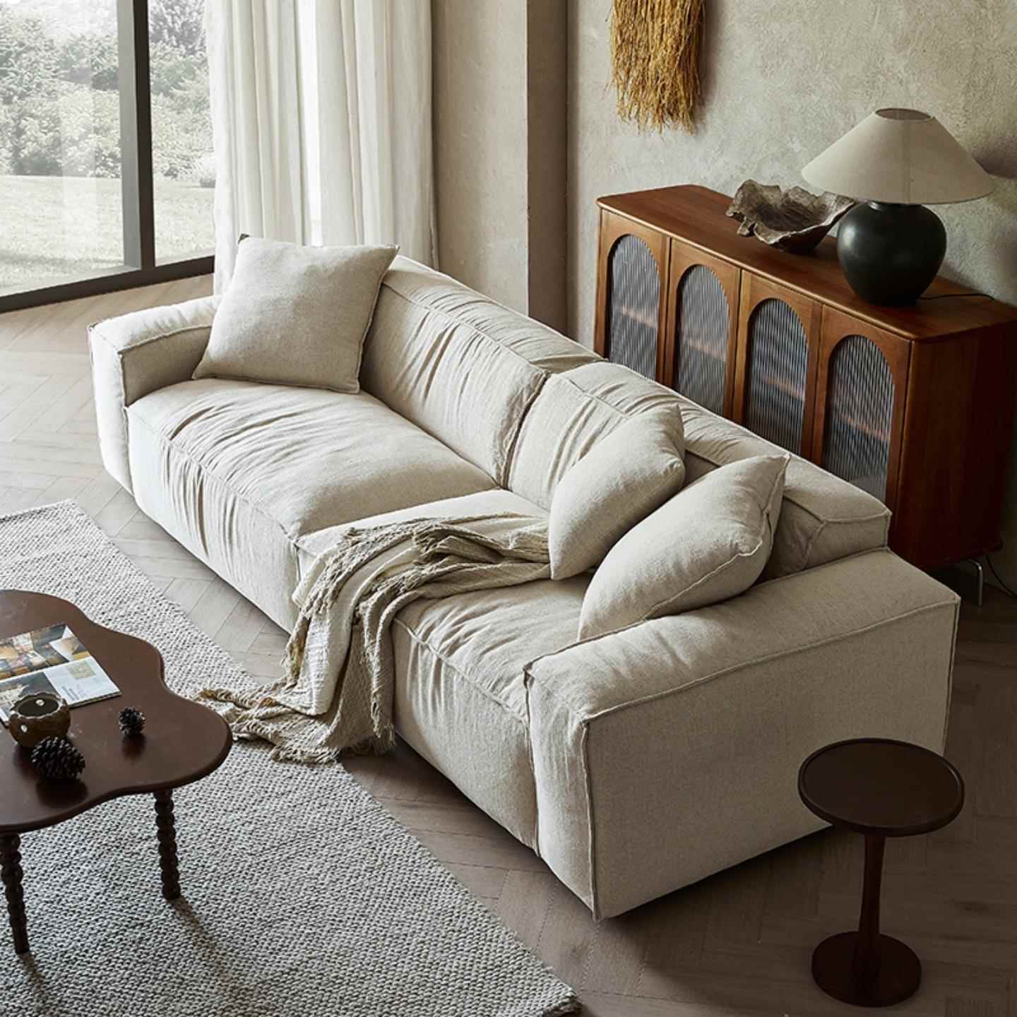 侘寂风亚麻布艺沙发客厅豆腐块三人位直排羽绒北欧复古可拆洗沙发