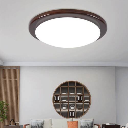 新中式吸顶灯中国风胡桃色实木家用卧室房间圆形阳台走道灯具LED