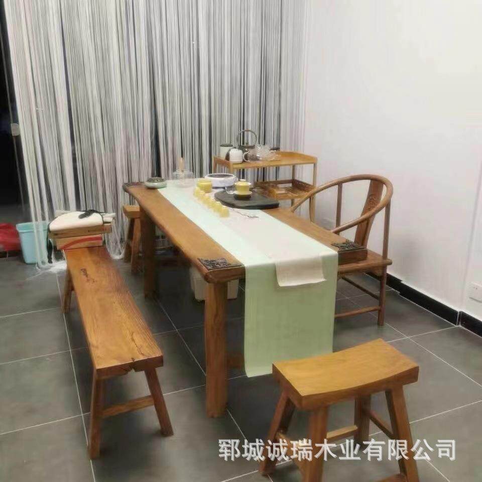 北方老门板茶台办公室老榆木桌椅组合茶台家用长方形待客泡茶桌