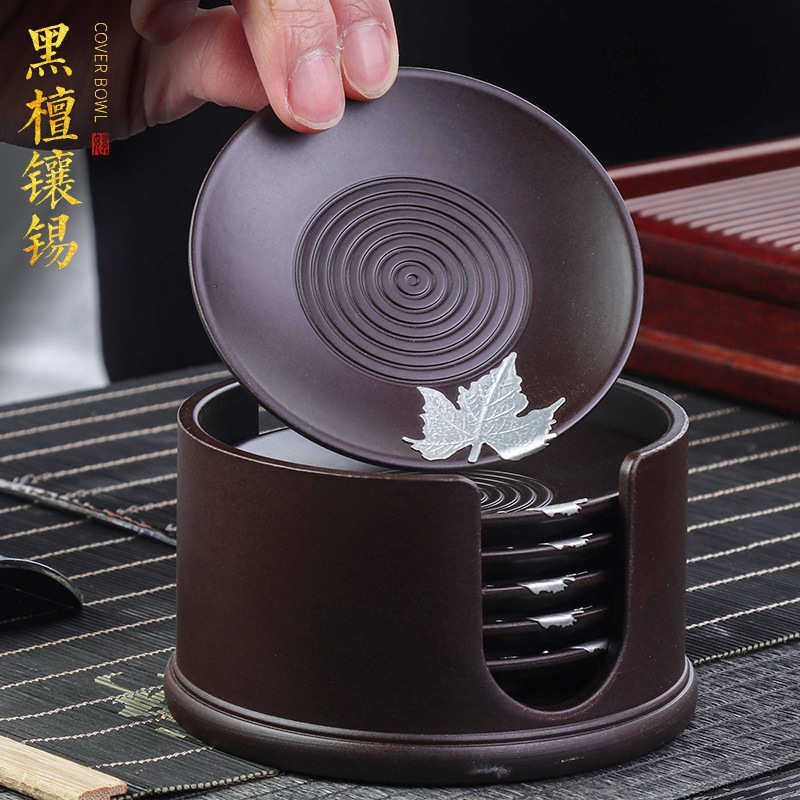 创意黑檀镶锡家用茶杯垫茶具配件隔热实木茶托功夫品茗垫六件套组,餐饮具,茶具礼盒,淘宝优惠券,粉丝福利购,淘宝优惠卷
