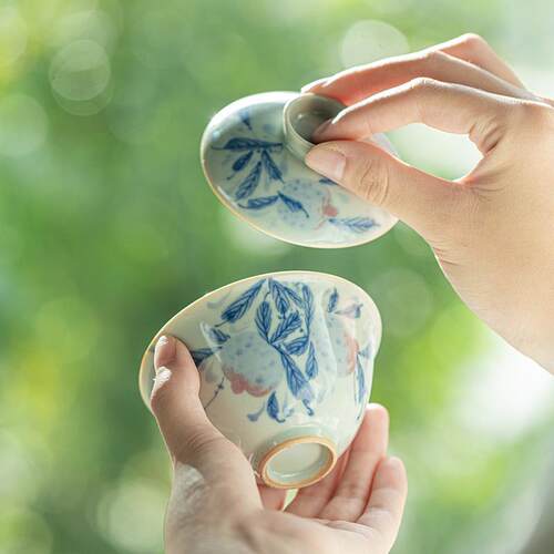 具泥人述仿青花石榴三fgs才盖碗釉下彩复古古茶碗家用陶瓷茶泡茶