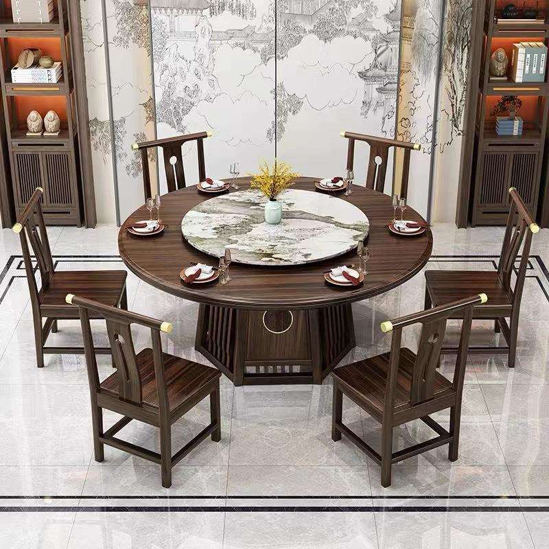 新中式乌金木全木餐桌椅组合现代简约大小户型家用圆形实木饭桌子