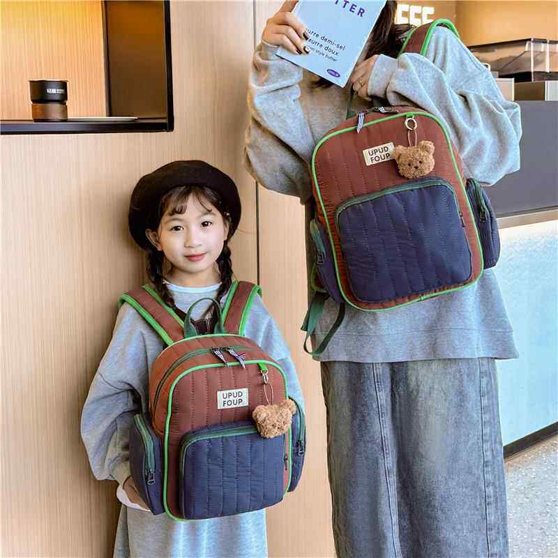 复古撞色幼儿园书包女孩洋气儿童外出小背包亲子小学生双肩包男童