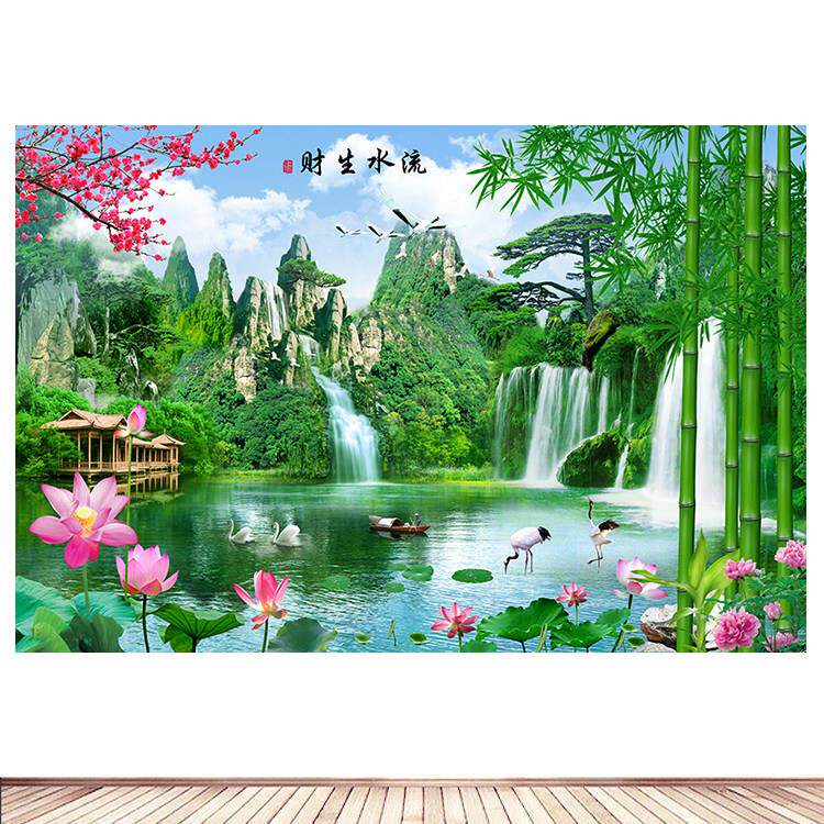 青山绿水迎客松流水生财装饰画荷花竹子墙贴壁画黄果树招财自粘画