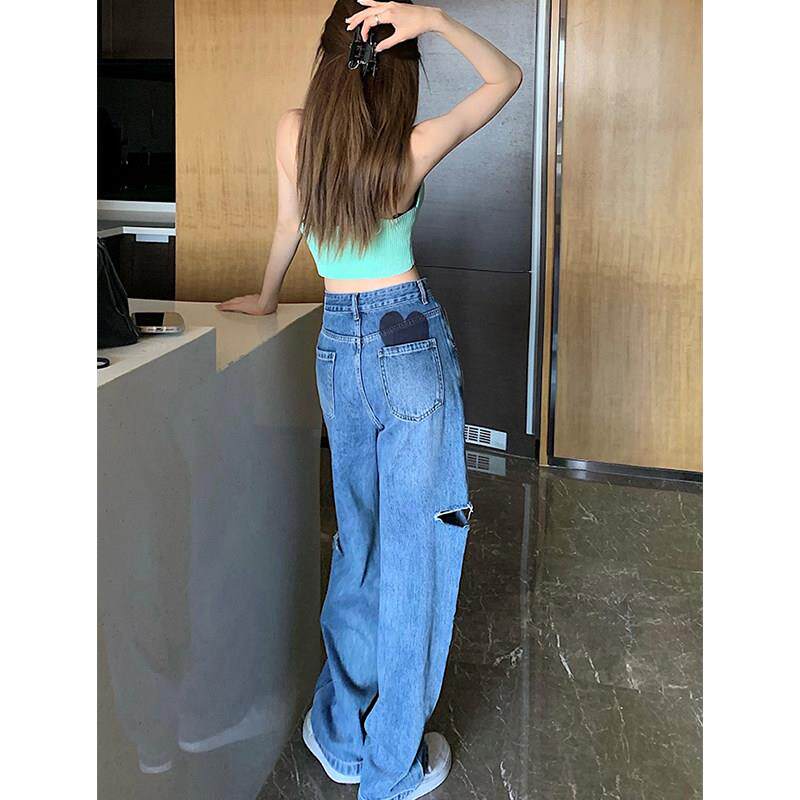 爱心破洞牛仔裤女春秋薄款高腰显瘦阔腿裤子宽松小个子直筒拖地裤