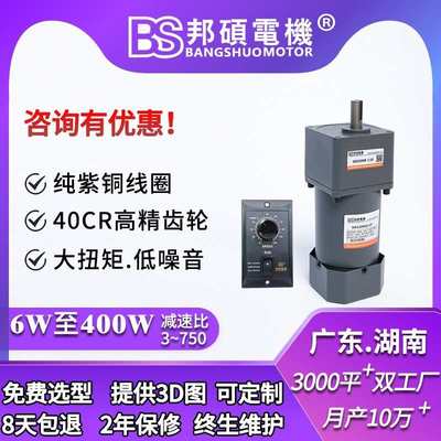 邦硕220v60w90w120w小型电子调速电机200w250w400w变频调速电机