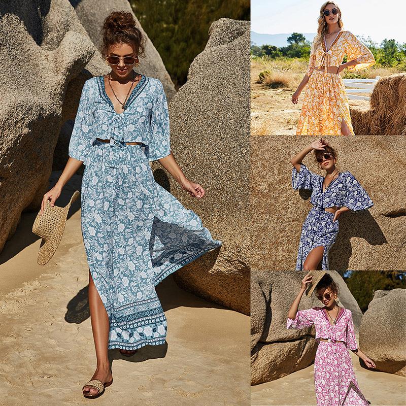 Skirt Printed Long Skirt Cotton Women's Collar Top Skirt Two图片