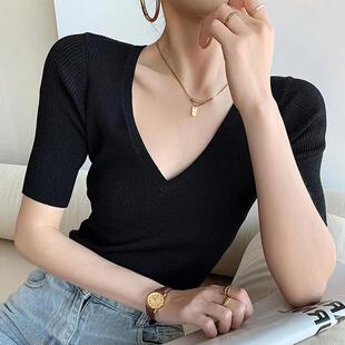 深V领T恤女夏法式小心机锁骨性感修身显瘦纯欲风螺纹针织短袖上衣