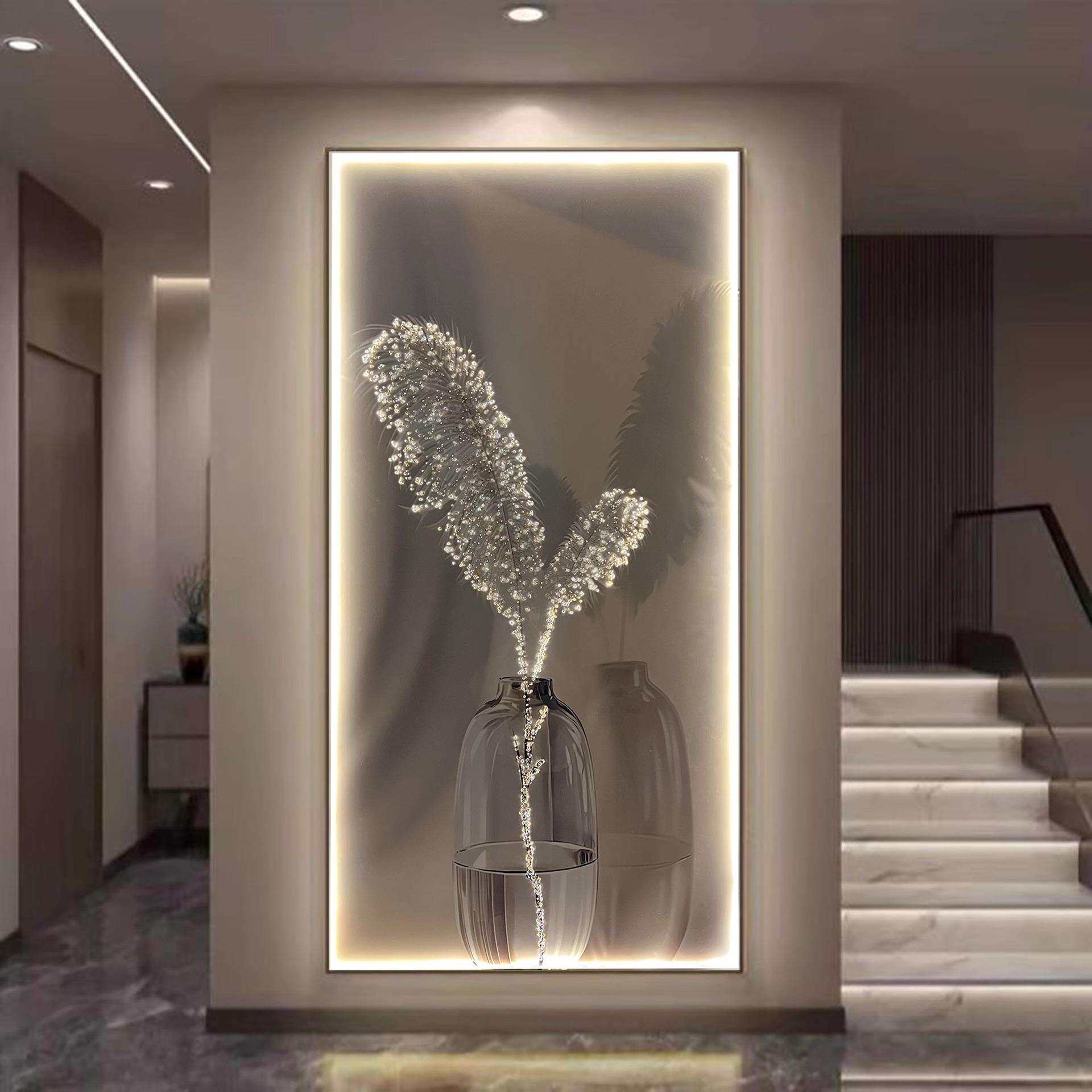 入户led灯轻奢羽毛玄关画客厅沙发落地画奶油风挂画现代简约壁画