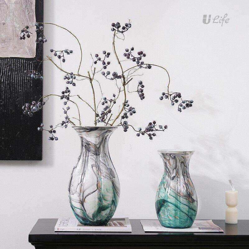 插花装饰品客厅艺术玻璃花摆件水墨画玄关餐桌孔雀羽毛现花器