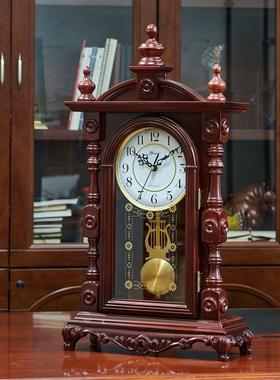 中式木座钟整点报实复古台钟家用客厅桌台式钟表面欧式时CSX时钟