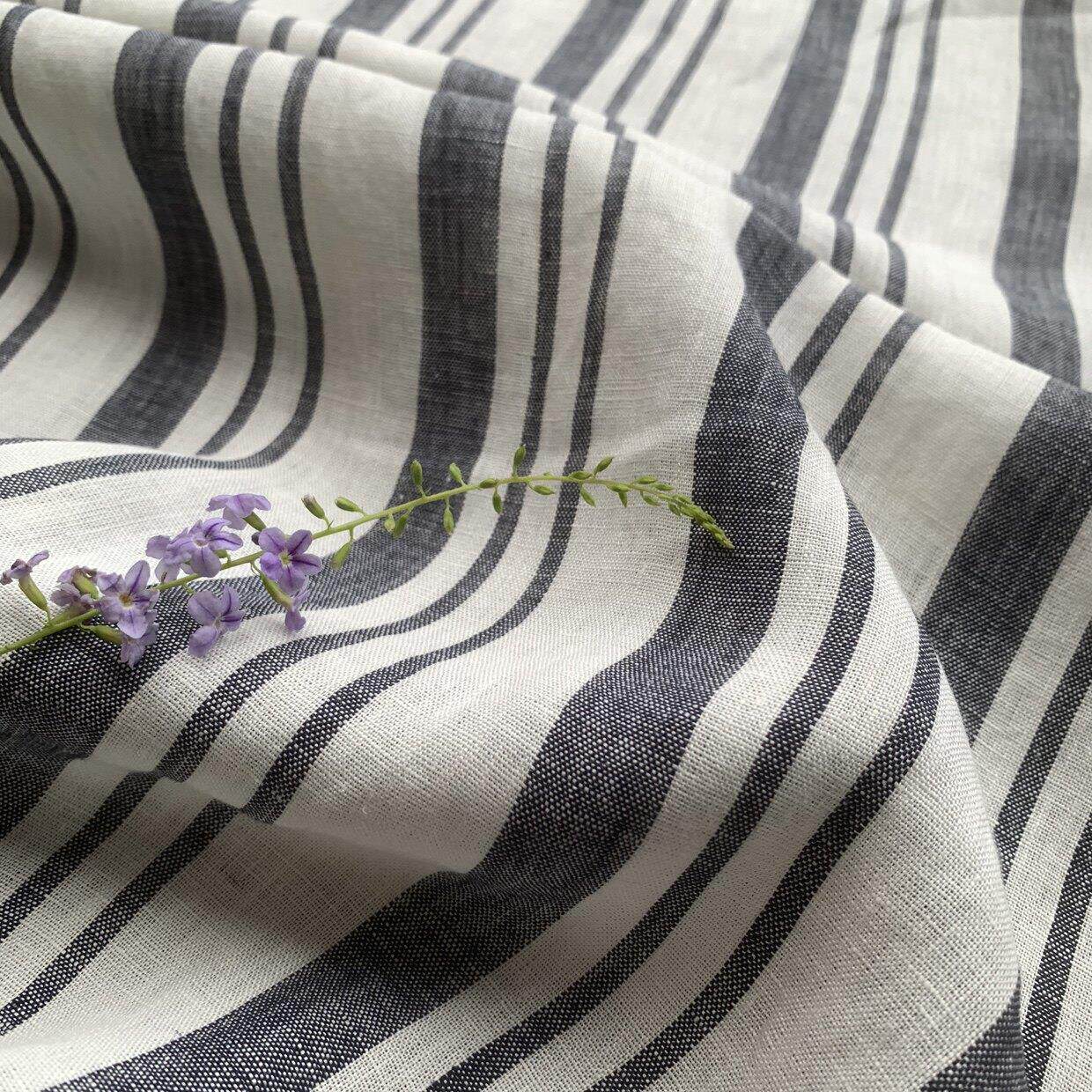 品牌定制高端花灰白色织条纹纯亚麻布料春夏西服裤装连衣裙面料售