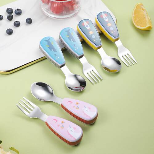 304不锈钢儿童餐具短柄勺叉子创意卡通宝宝训练餐具辅食便携套装