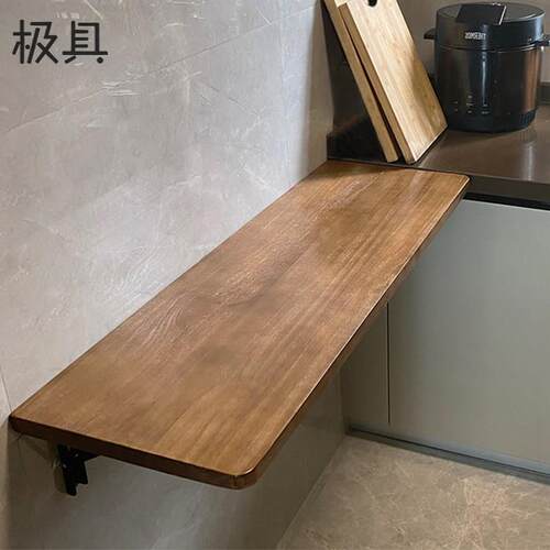 墙上实木餐桌悬空壁挂桌板小户型窗边长条吧台桌家用折叠无腿书桌
