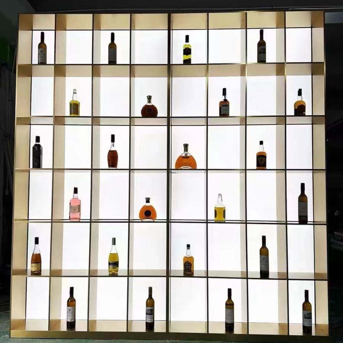网红不锈钢铝板金属亚克力发光背板展示餐边柜酒架开放格玻璃置物