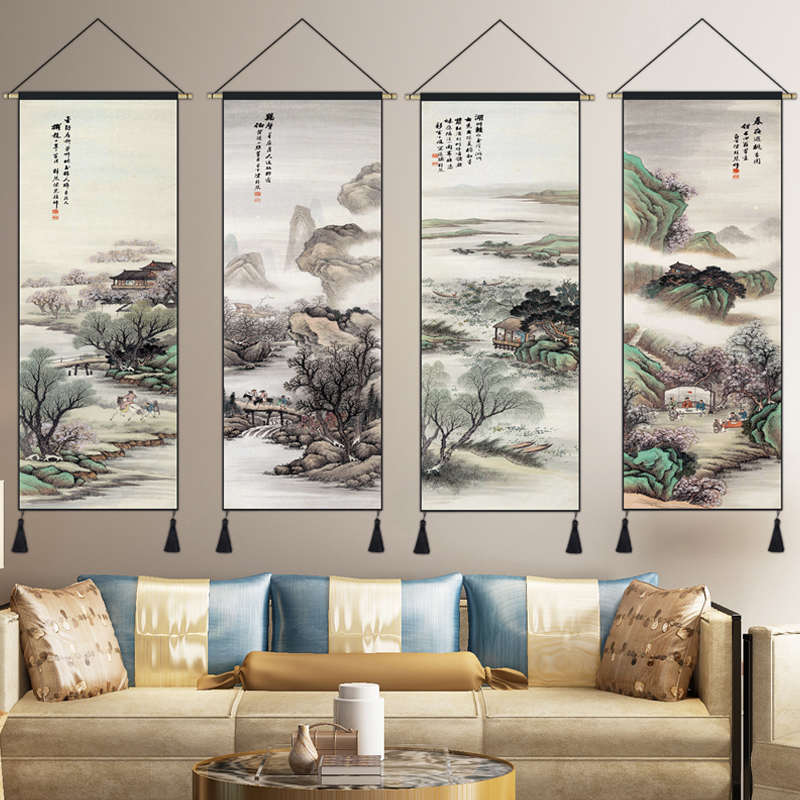 中国风山水画写意中式挂画布艺客厅背景墙装饰画卧室床头布画挂毯图片