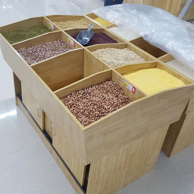 超市五谷杂粮展示架 散装米粮木质柜子 多层板米斗粮食架商用展示