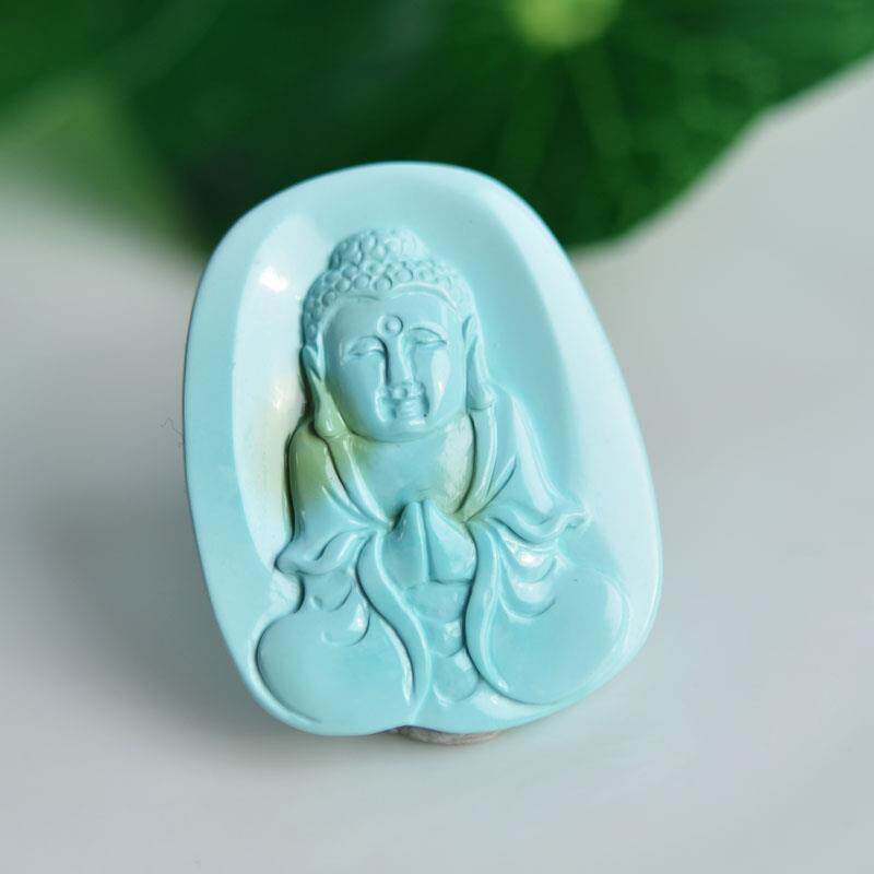天然原矿高瓷淡蓝色绿松石吊坠雕刻释迦摩尼佛古朴男女款5.72克