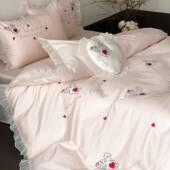 公主风纯棉100支长荣棉四件套粉色少女全棉刺绣床单被套床上用品