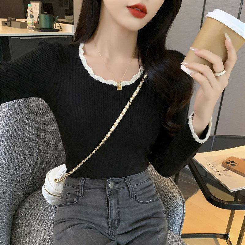 新品秋装新款修身内搭毛衣女打底衫木耳边短款别致百搭chic针织上