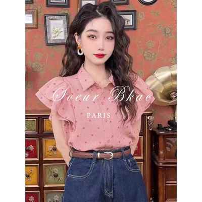 法国SOEUR BKAC法式复古风粉色波点短袖衬衫女显白绝美小飞袖衬衣