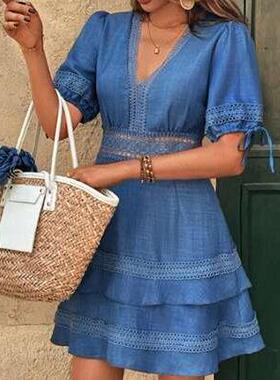 Dress Elegant Lace Hollow New Deep Neck Woven With For Women