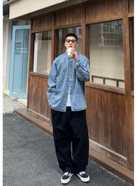 Batterup春秋新款牛仔外套日系宽松水洗做旧休闲长袖衬衫男潮牌