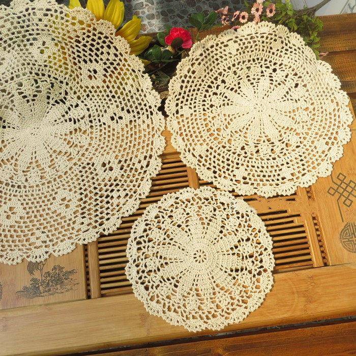 手工钩针钩花纯棉蕾丝编织装饰圆盘餐桌垫 白米25-50cm