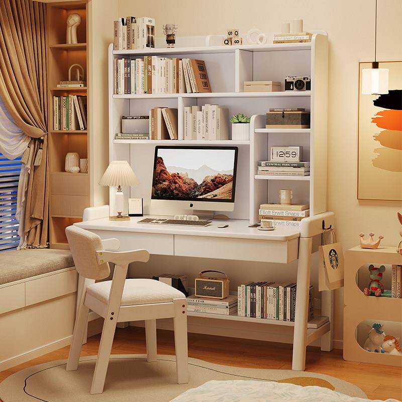 实木书桌家用儿童学习桌书架桌子一体办公桌中小学生可升降书桌