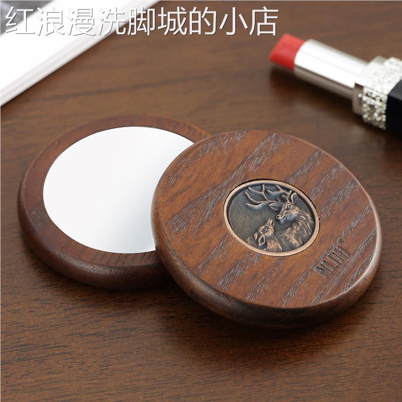 欧式镜子化妆镜随身女生便携带复古迷你高清实木雕花小圆镜