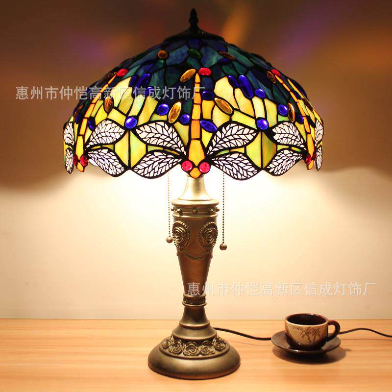 跨境16英寸蓝蜻蜓蒂凡尼欧式台灯婚礼卧室床头复古创意酒吧咖啡厅