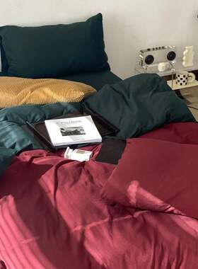 A类日式纯色针织棉双拼四件套 素色裸睡纯棉全棉床单床笠裸睡床品