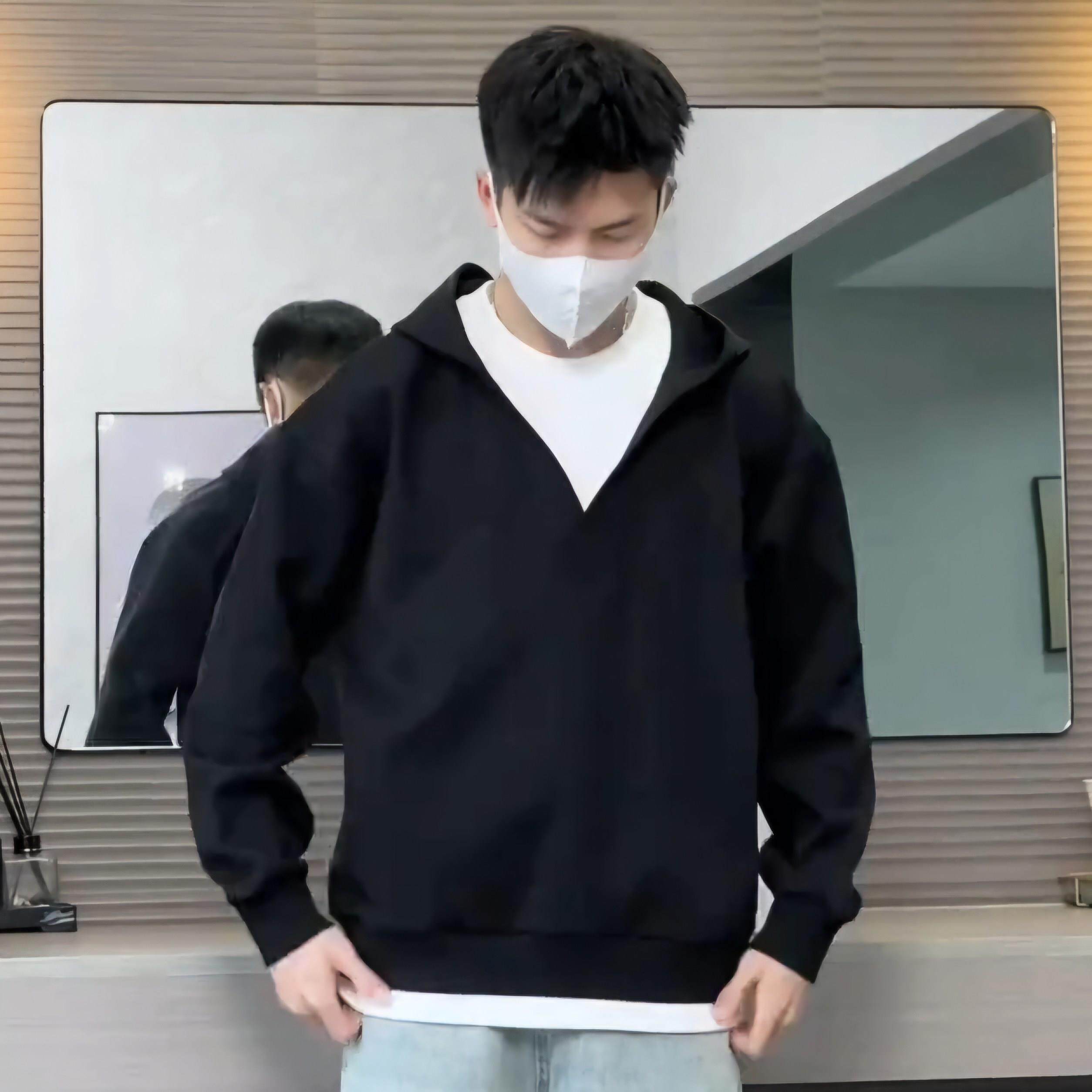 2025春秋慵懒风假两件连帽卫衣男高级感简约潮牌百搭时尚休闲上衣