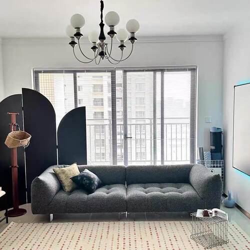 法式慵懒风黑色布艺沙发现代简约小户型客厅三人直排中古沙发