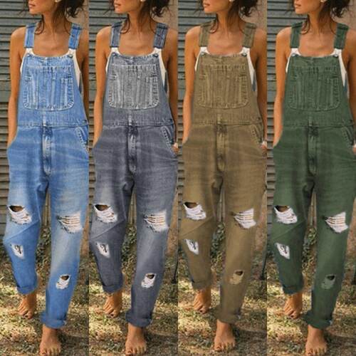 Sports shoulder straps, ripped denim jumpsuit, women's