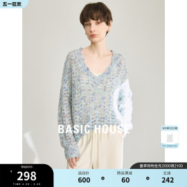 Basic House/百家好时尚V领针织衫女2024春季蓝色镂空羊毛衫