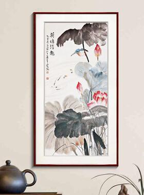 荷花水墨画入户玄关装饰画新中式走廊过道挂画客厅中国风竖版壁画