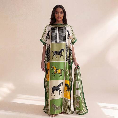 Women'S Elegant Geometric Print Robe Set, Fitted Long Dress