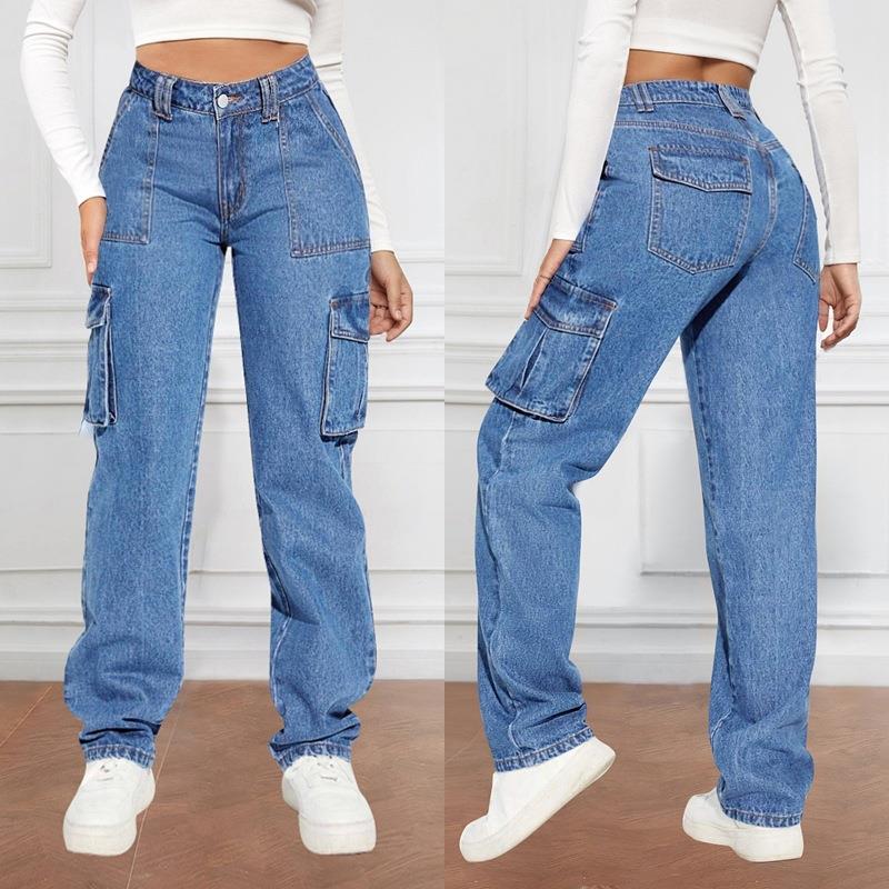 Mid-rise Multi-pocket Work Jeans Womens Casual Straight